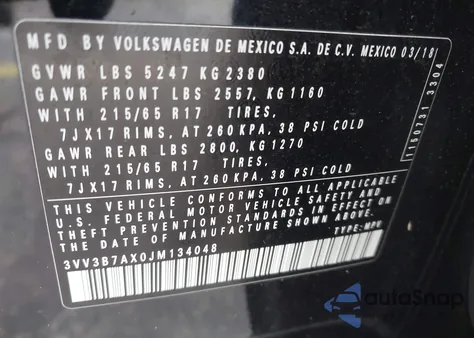 2018 Volkswagen Tiguan 2.0T Se/2.0T Sel из США, поврежденный, VIN 3VV3B7AX0JM134048